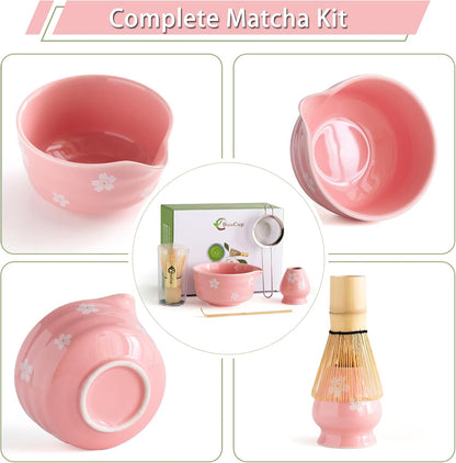 Buucup Matcha Set, Matcha Bowl with Spout, Matcha Whisk and Holder, Bamboo matcha Scoop and Stainless Sifter - 5 Pcs Jade Green Matcha Set Kit for Matcha Lover
