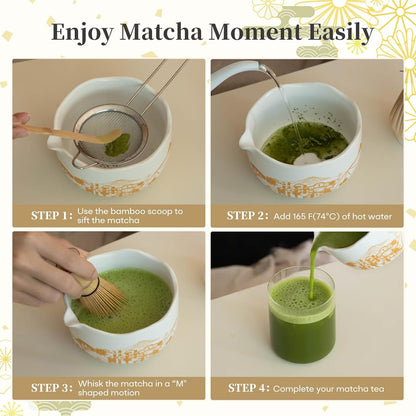 Matcha Whisk Set, 5 Pcs Traditional Japanese Matcha Whisk Preparation Kit, White Glossy Ceramic Bowl with Black Cat and Strawberry Pattern