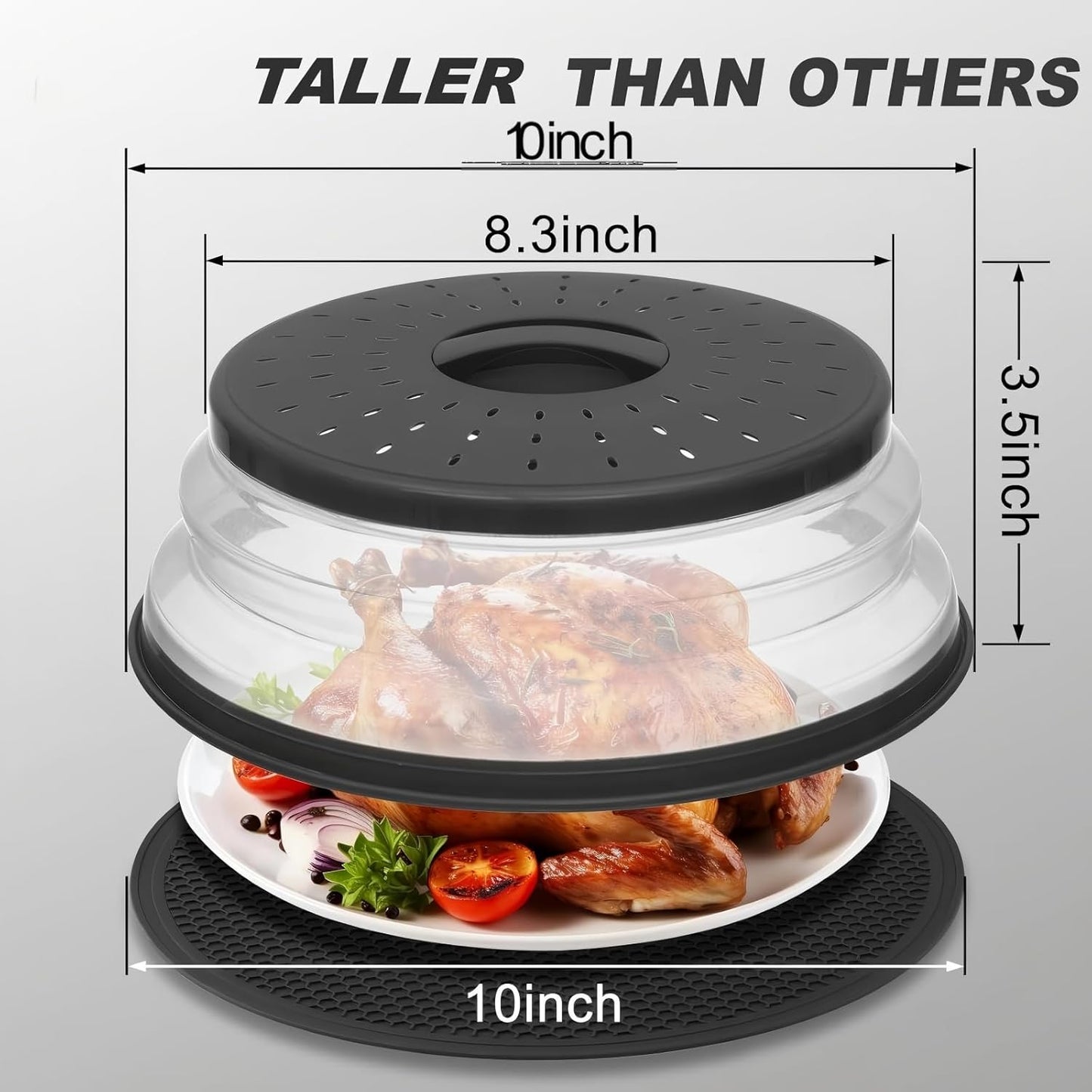 Collapsible Microwave Splatter Cover for Food, Vented Microwave Plate Cover Lid 10.5 inch, BPA-Free Silicone & Plastic, Dishwasher Safe, Multipurpose Colander for Fruit Vegetable, Black