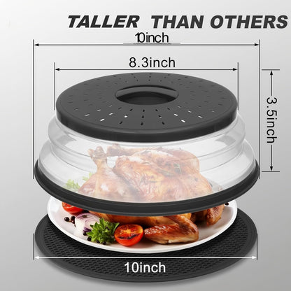 Collapsible Microwave Splatter Cover for Food, Vented Microwave Plate Cover Lid 10.5 inch, BPA-Free Silicone & Plastic, Dishwasher Safe, Multipurpose Colander for Fruit Vegetable, Black