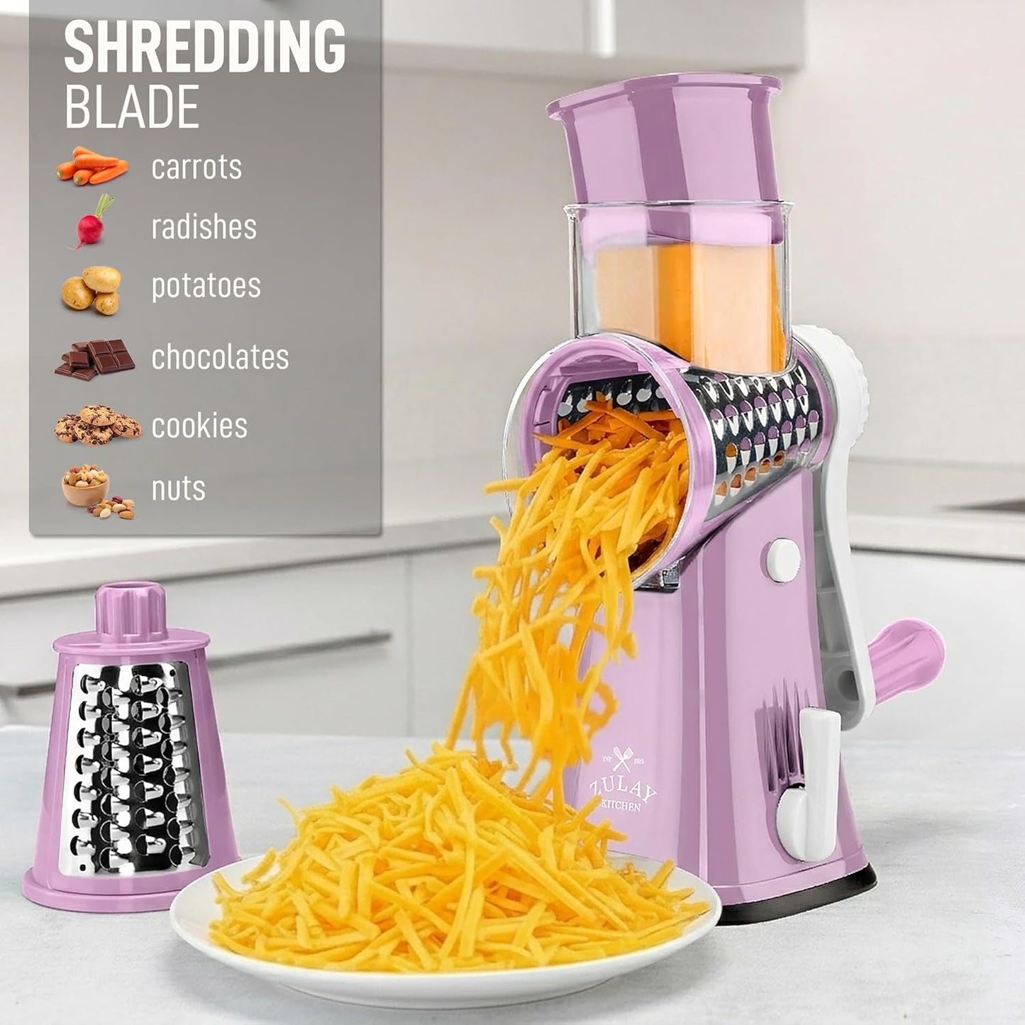 Zulay Kitchen Rotary Cheese Grater 5 Blade Cheese Shredder - Manual Hand Crank Cheese Grater With Reinforced Suction & 5 Interchangeable Drums - Easy to Use, Vegetable Chopper Round Mandoline Slicer - Colors B