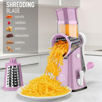Zulay Kitchen Rotary Cheese Grater 5 Blade Cheese Shredder - Manual Hand Crank Cheese Grater With Reinforced Suction & 5 Interchangeable Drums - Easy to Use, Vegetable Chopper Round Mandoline Slicer - Colors B