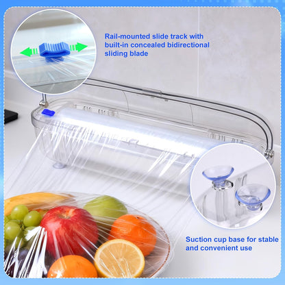 Refillable Plastic Wrap Dispenser with Slide Cutter Food Preservation Storage Set Reusable Dispenser - Nail-Free Wall Mounting/Countertop Use Cutting Box
