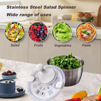 Stainless Steel Salad Spinner, Salad Spinners Large, Lettuce Spinner, with Drainage Basket Drainage Outlet, Used for Cleaning and Drying Vegetables Food and Fruits Quick Spin Vegetable Fruit Spinner