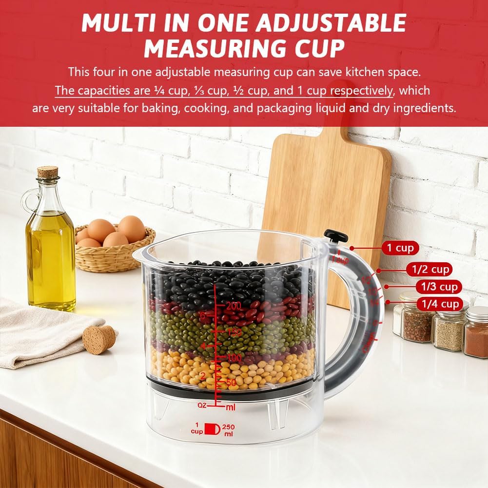 4-in-1 Adjustable Measuring Cup for Liquids & Dry Ingredients - Multi Cup Converter with Scraper Base, Dishwasher Safe, Dual Metric & Ounce Scale, Space-Saving Kitchen Tool for Baking Cooking