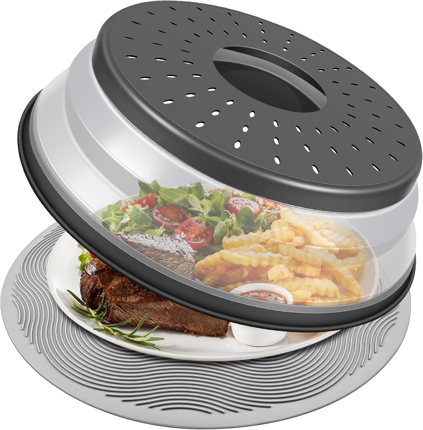 LekDrok Microwave Food Cover with Mat 12 Inch, Mat as Bowl Holder, Cover for Splatter Guard, Collapsible Lid for Plate Dish, Multi-Purpose Silicone Mat & Kitchen Colander Gadget for Meal Prep,Charcoal