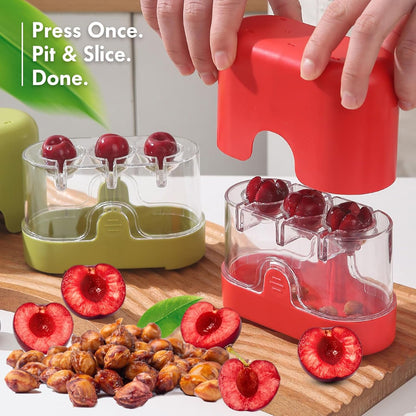 2-in-1 Cherry Pitter & Half Slicer, 3-Hole Cherry Seed Remover with Built-in Blade, with Clear Container (Apple Green)