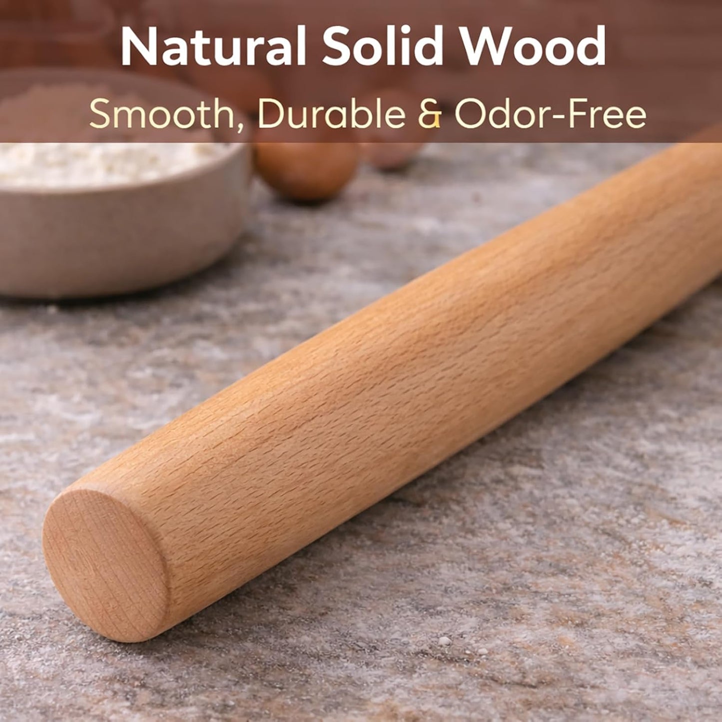17 Inch French Rolling Pin, Wooden Dough Roller for Baking, Solid Wood Tapered Rolling Pin for Pizza, Pie Crust, Cookies, Pastry, Non-Stick, Easy Control Kitchen Baking Tool, European Beech Wood