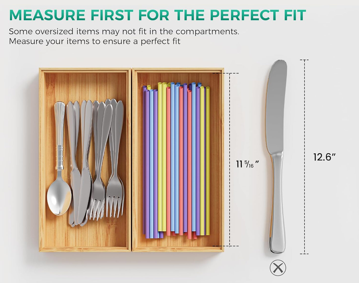 Long Bamboo Kitchen Drawer Organizer Boxes – 17" x 6" Stackable Wood Silverware Utensil Tray for Drawers Bins Cutlery & Flatware Storage – Wooden Pantry Organizers Set of 2 for Junk Drawer Bathroom Rv