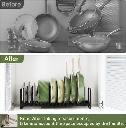 MUDEELA Pots and Pans Organizer Rack for under Cabinet, Expandable 11.81''-22.85'' Pot Lid Kitchen Cabinet Organizer Holder with 10 Adjustable Compartment Cutting Board Organizer for Pan Lid, Bakeware