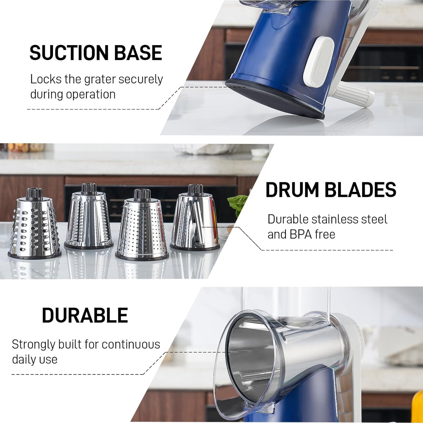VEKAYA Rotary Cheese Grater Hand Crank with 4 Interchangeable Stainless Steel Blades, Large Manual Handle Shredder and Waffle Slicer for Vegetables, Cheese and Nuts with Table Suction Base(Blue)
