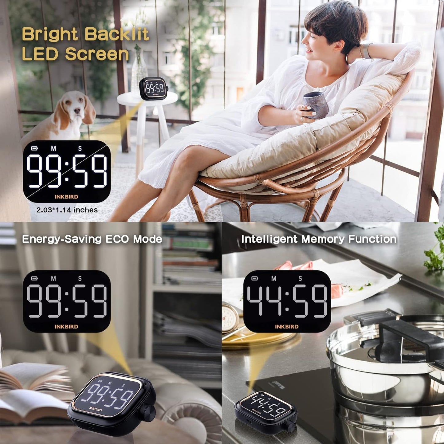 Digital Kitchen Timer for Cooking, INKBIRD Rechargeable 4-Levels Alarm Productivity Timer IDT-02 for Kids, Adults, Teachers, Large LED Smart Countdown Countup Magnetic Timer for Classroom Office