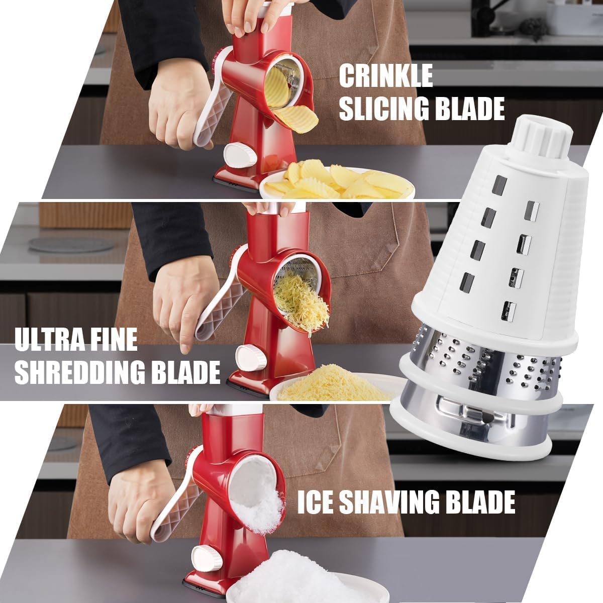 KEOUKE Rotary Cheese Grater Hand Crank Transparent - Shredder Slicer Grinder 3 Stainless Steel Blades, Stable Suction, Labor-Saving Handle, Safe Kitchen Tool for Cheese, Vegetable, Nuts, Chocolate