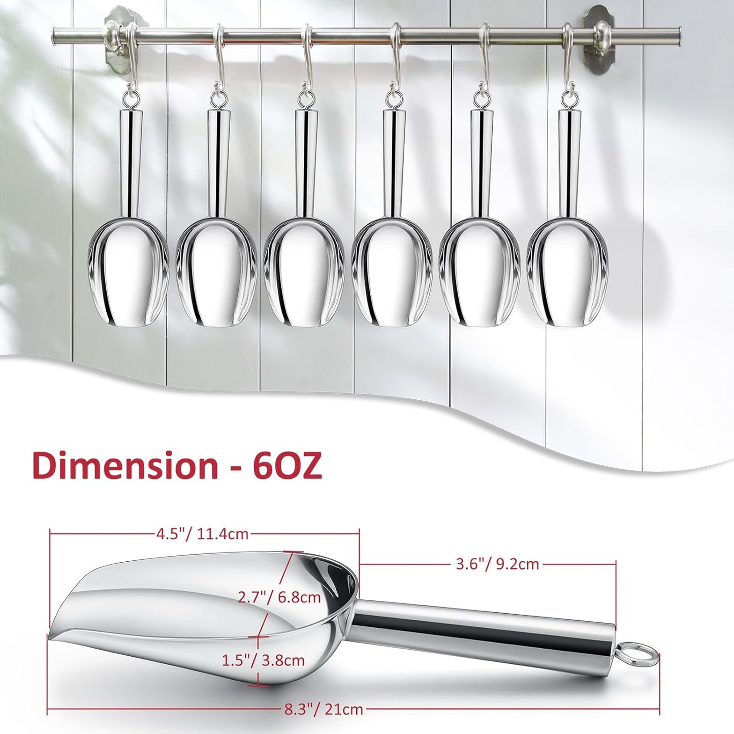 6 Oz Ice Scoop Set of 2, Leonyo Small Ice Cube Scoop for Freezer Bin, Stainless Steel Food Scoopers Spoon for Dry Goods, Flour, Pet, Kitchen Containers – Silver