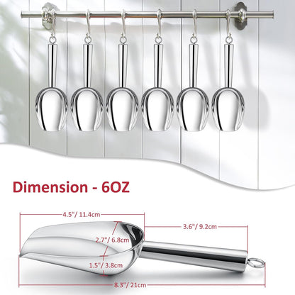 6 Oz Ice Scoop Set of 2, Leonyo Small Ice Cube Scoop for Freezer Bin, Stainless Steel Food Scoopers Spoon for Dry Goods, Flour, Pet, Kitchen Containers – Silver