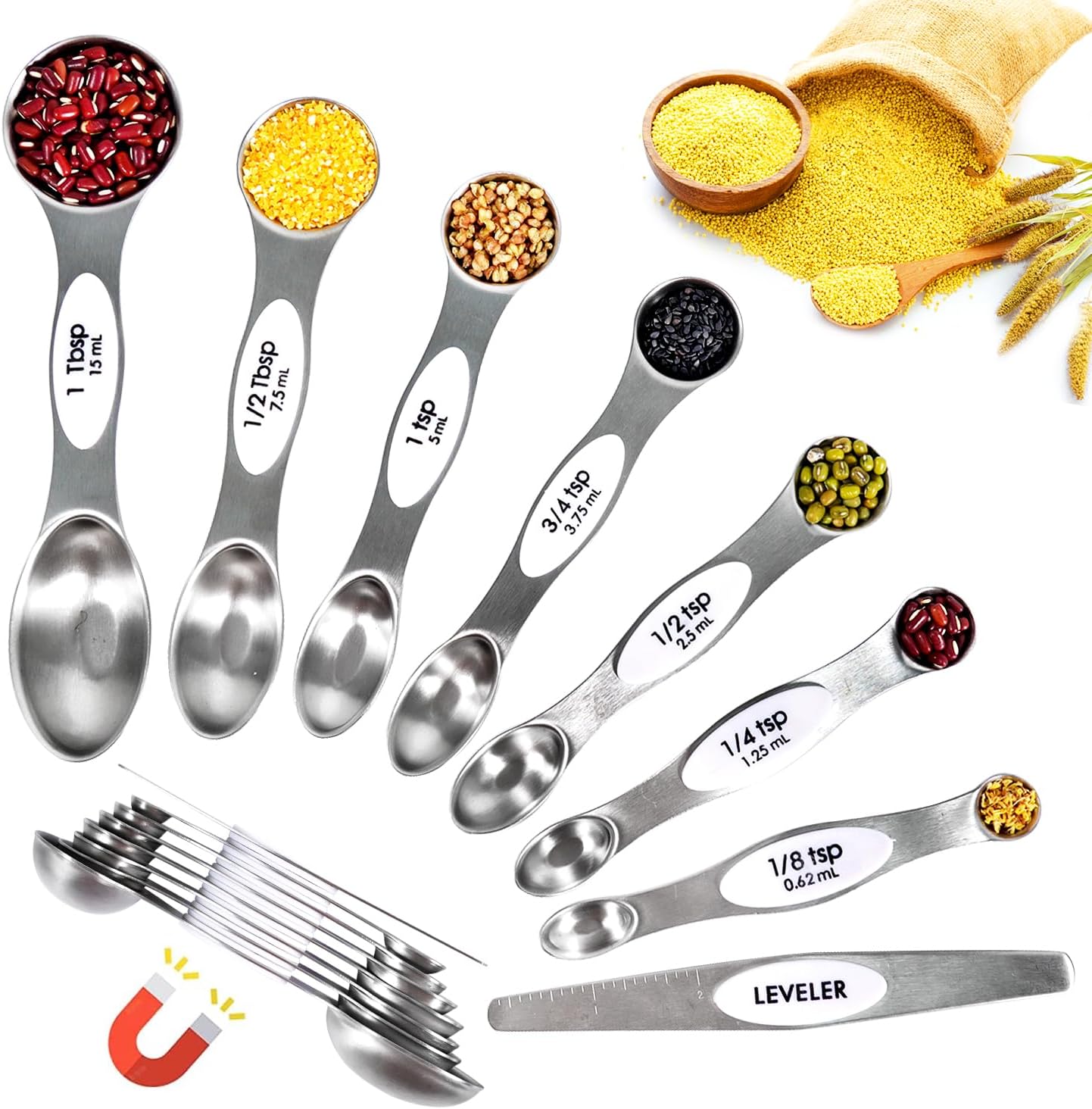 19 Pieces Measuring Cups and Spoons set, Includes 10 Stackable Measuring Cup with Lid and 9 Magnetic Measuring Spoons, Tablespoon for Liquid and Dry, BPA Free, Dishwasher Safe (Black)