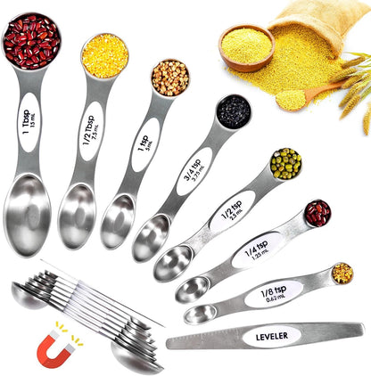19 Pieces Measuring Cups and Spoons set, Includes 10 Stackable Measuring Cup with Lid and 9 Magnetic Measuring Spoons, Tablespoon for Liquid and Dry, BPA Free, Dishwasher Safe (Black)