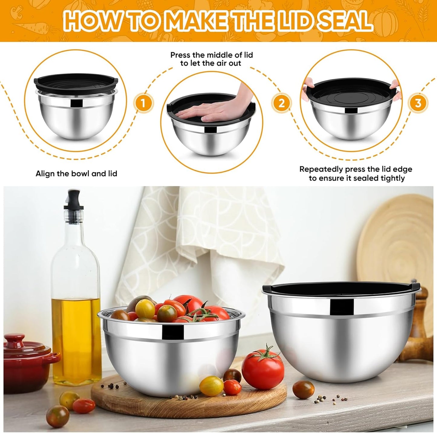 TeamFar Mixing Bowls with Lids, 5-Piece Stainless Steel Metal Nesting Salad Bowl for Mixing Prepping, Healthy & Heavy Duty, Airtight Lids & Dishwasher Safe, 4.5/3/1.5/1/0.7 QT-Khaki