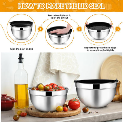TeamFar Mixing Bowls with Lids, 5-Piece Stainless Steel Metal Nesting Salad Bowl for Mixing Prepping, Healthy & Heavy Duty, Airtight Lids & Dishwasher Safe, 4.5/3/1.5/1/0.7 QT-Khaki