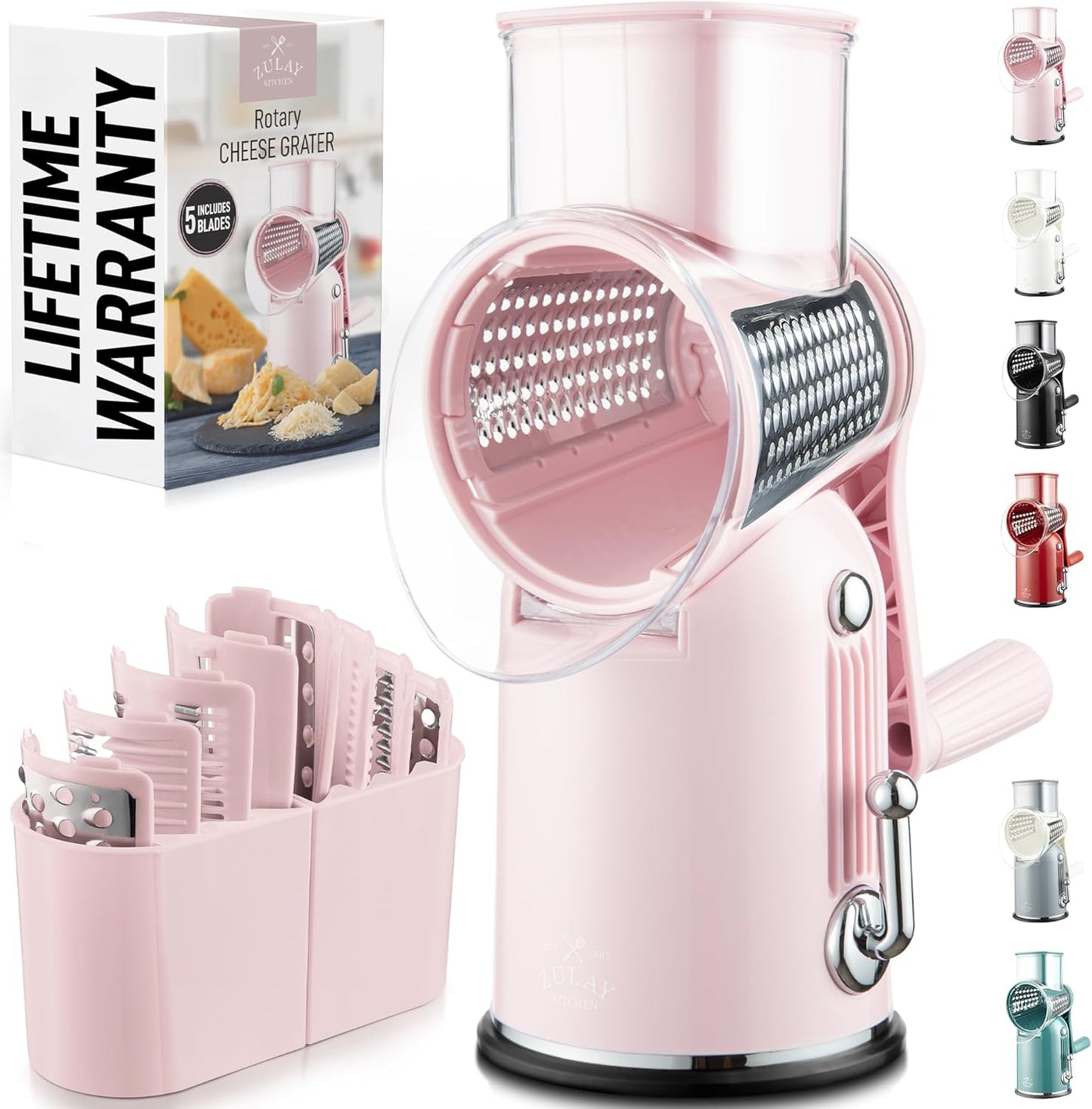 Zulay Kitchen Rotary Cheese Grater 5 Blade Cheese Shredder - Manual Hand Crank Cheese Grater With Reinforced Suction & 5 Interchangeable Drums - Easy to Use, Vegetable Chopper Round Mandoline Slicer - Colors A