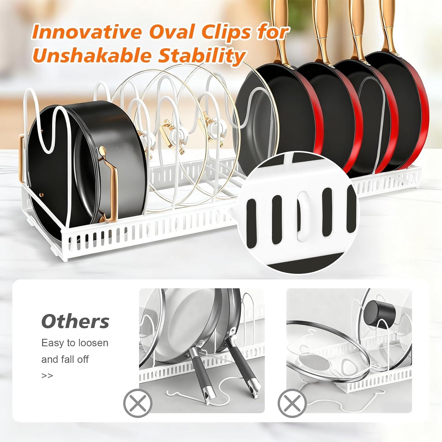 Pots and Pans Organizer for Under Cabinet, Expandable 11.81''-22.85'' Kitchen Organizer with 13 Adjustable Compartments, Pot Lid Pan Rack for Cabinet Drawer Countertop, Bakeware Cutting Board