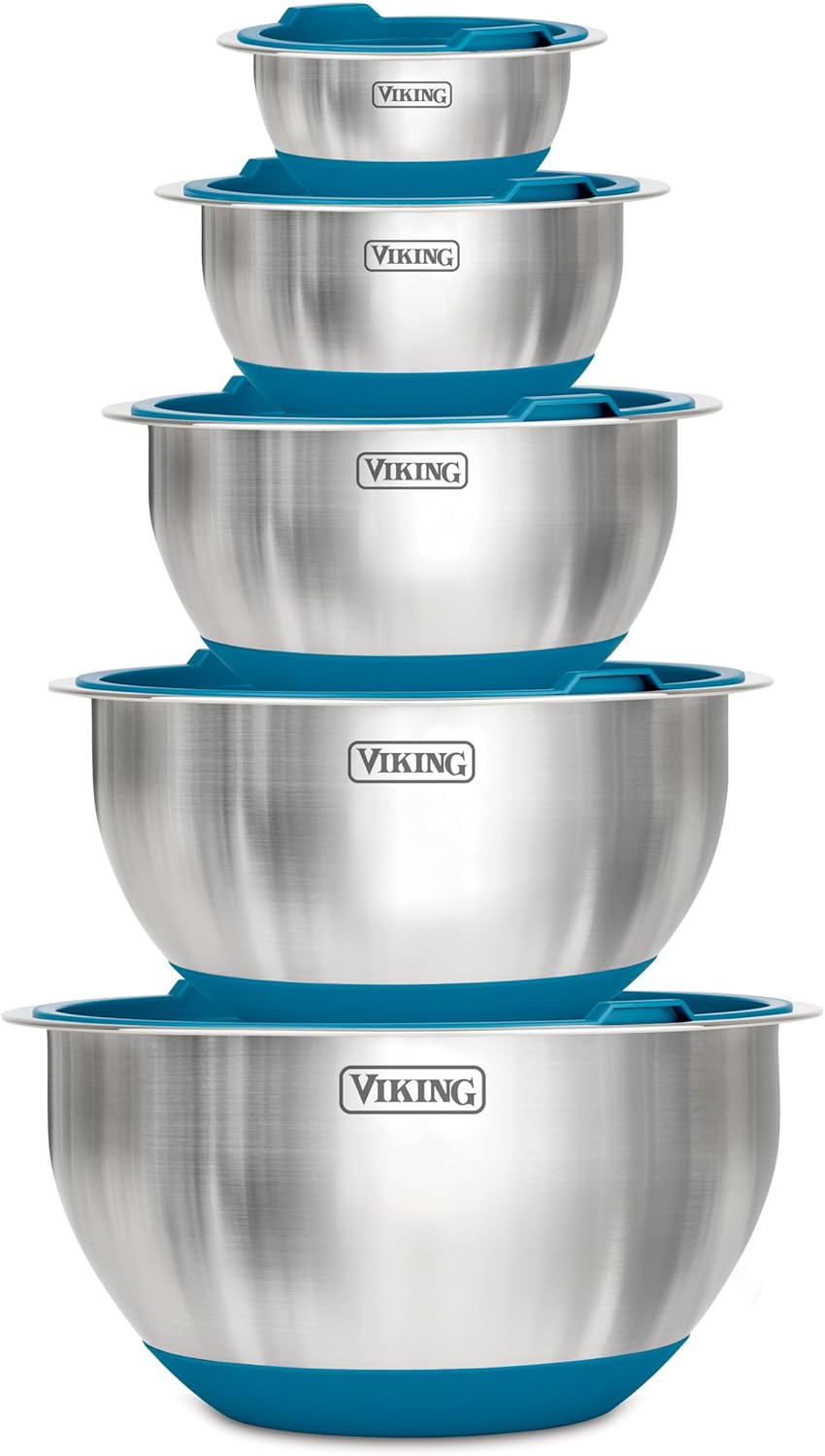 Viking Mixing Bowls Set, 10 Piece Stainless Steel Kitchen Cookware, Non-Slip Silicone Base, Includes Tight Fit Lids, Dishwasher Safe, Black