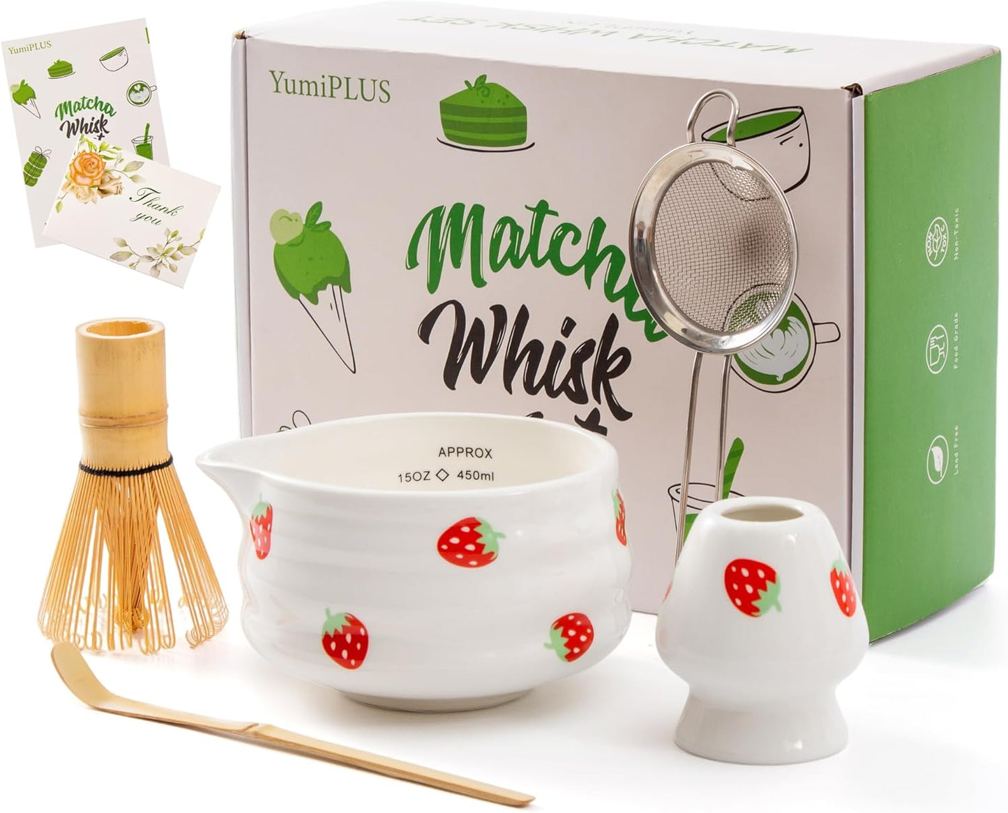 5pcs Premium Matcha Set,Ceramic Bowl with Spout and Bamboo Whisk set, Ceremonical Matcha Kit for breakfast/latte,Tea Starter Making Kit,Unique Matcha Gift set (pink love)