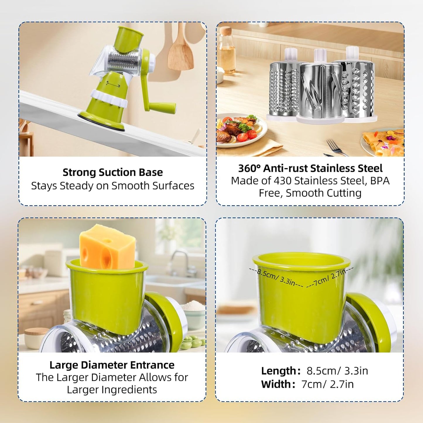 Rotary Cheese Grater, Hand Crank with Suction Base Cheese Shredder Hand Crank 3 Stainless Steel Blades, Rotary Cheese Grater with Handle, Easy to Clean, Rotary Grater for Cheese Vegetable Nuts (Red)
