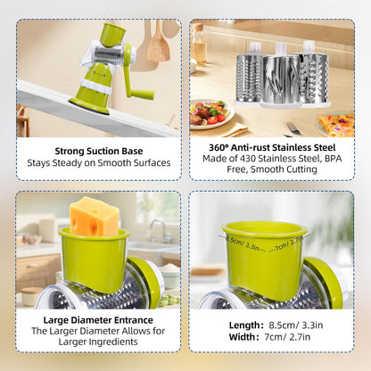 Rotary Cheese Grater, Hand Crank with Suction Base Cheese Shredder Hand Crank 3 Stainless Steel Blades, Rotary Cheese Grater with Handle, Easy to Clean, Rotary Grater for Cheese Vegetable Nuts (Red)