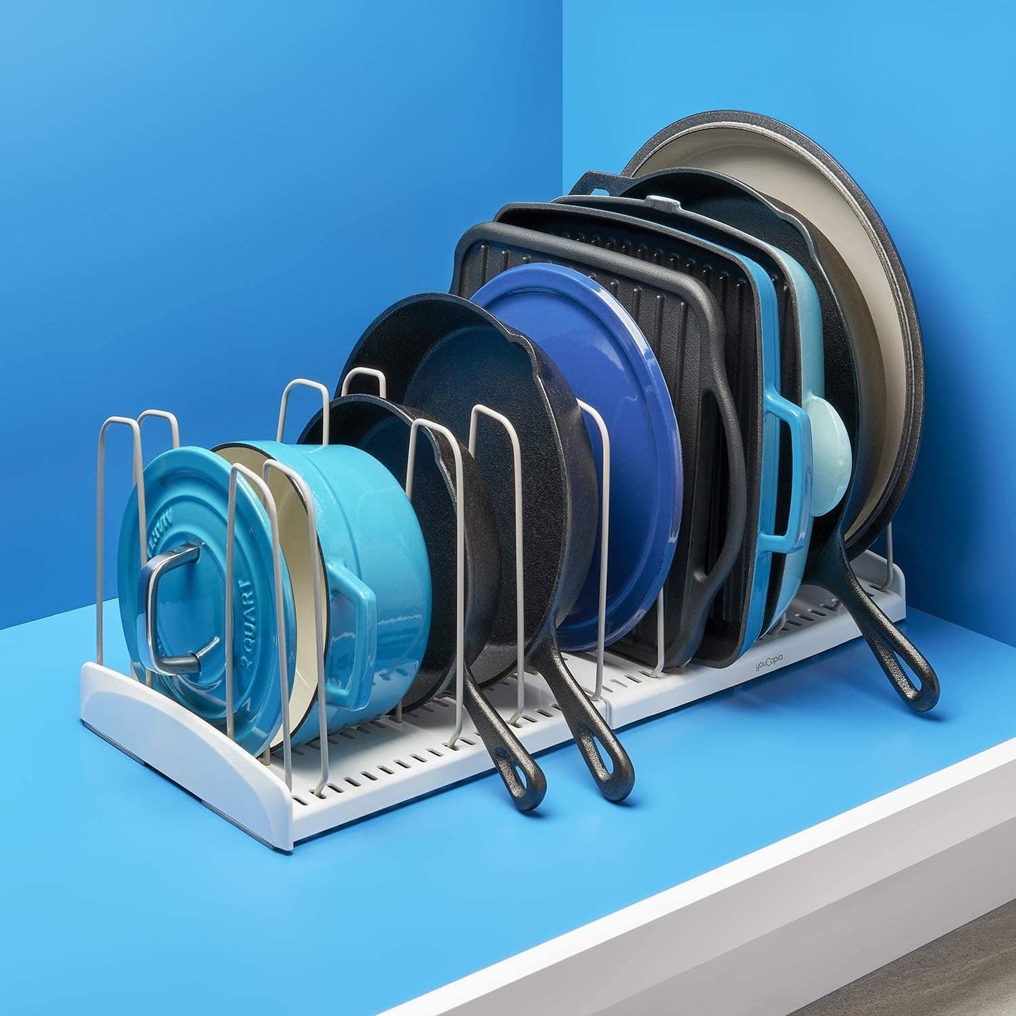 YouCopia StoreMore Expandable Cookware Rack with Tall Steel Wires, 12.5"-22" Wide Adjustable Pan Organizer for Kitchen Cabinet Storage, Premium Edition