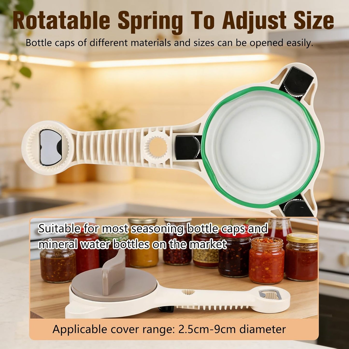 4 in 1 Multi-Purpose Jar Opener,Adjustable Stainless Steel Jar Opener,Multi-Functional Retractable Jar & Bottle Openers,Multi Size Lid Tool for Jars Cans Wine Bottles,Home Kitchen Helper (Beige)