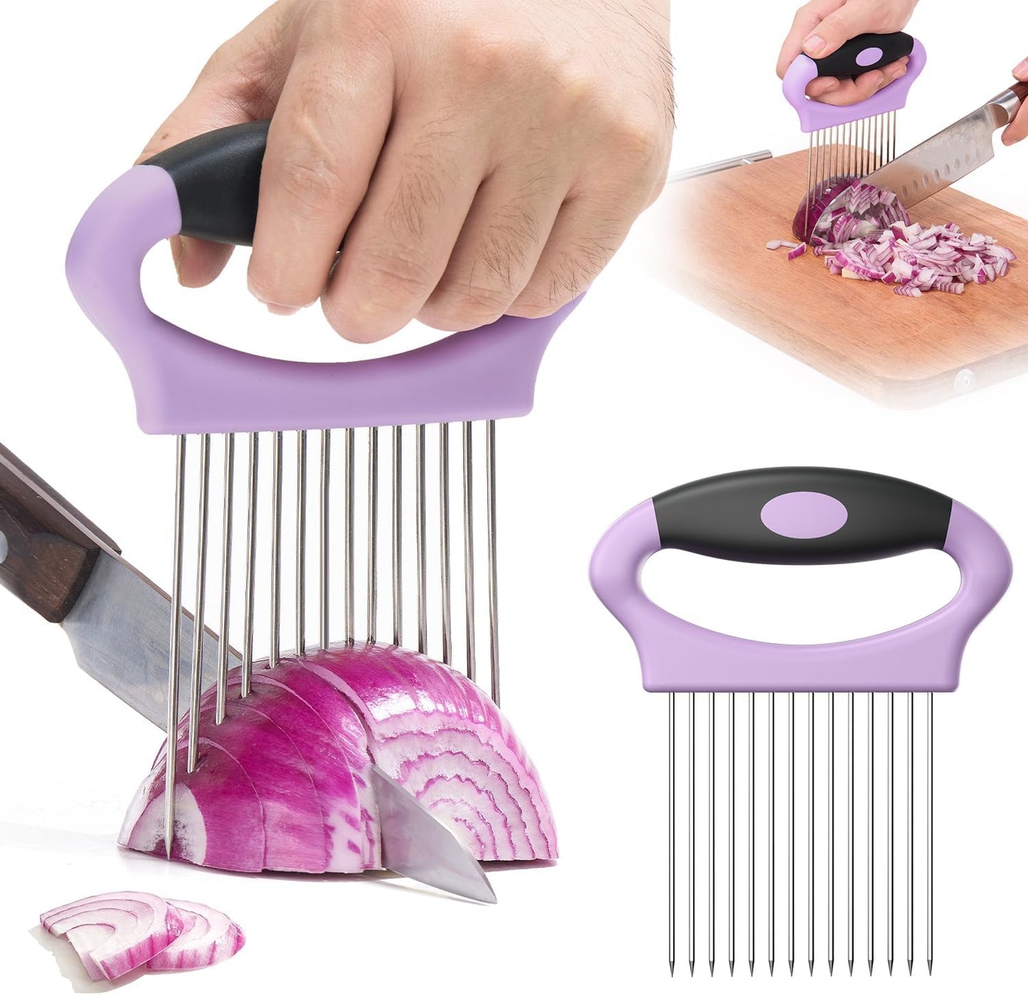 Large Onion Slicer Holder, Stainless Steel Onion Holder for Slicing, Onion Cutter Vegetable Chopper with 14 Sharp Needles for Slicing of Tomato Avocados & Meat Tenderizer, Kitchen Gadgets for Cooking
