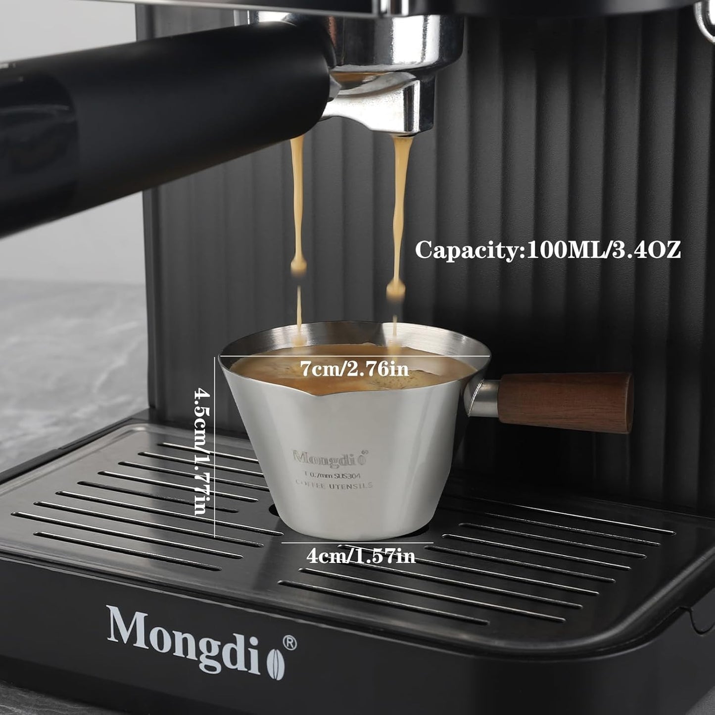 Mongdio Espresso Measuring Cup, Stainless Steel Espresso Shot Cups with Wooden Handle and Double Spouts, 6.8OZ/200ML, White