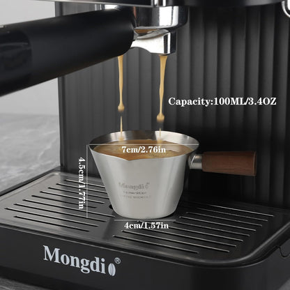Mongdio Espresso Measuring Cup, Stainless Steel Espresso Shot Cups with Wooden Handle and Double Spouts, 6.8OZ/200ML, White
