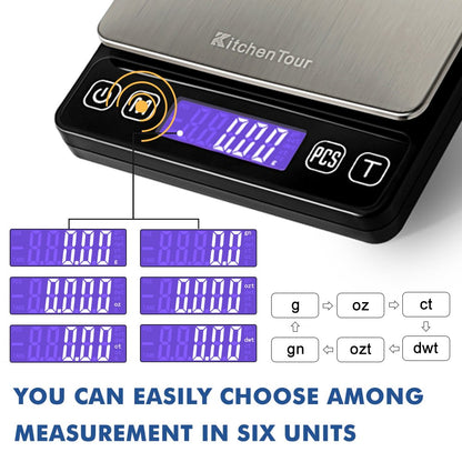 KitchenTour Digital Kitchen Gram Scale - 500g/0.01g - High Accuracy Precision Food Scale - Meat Scale with Back-Lit LCD Display(Batteries Included)-Black