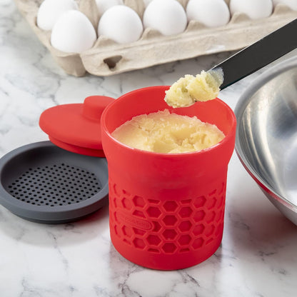 Prep Solutions Heat-Resistant Silicone Grease Strainer & Keeper - 2 Cup Capacity, Red