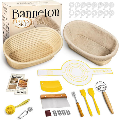 Sourdough Starter Kit, Banneton Bread Proofing Baskets Set, Sourdough Bread Baking Supplies Making Tools with Dough Scraper, Whisk, Bread Lame, Recipe