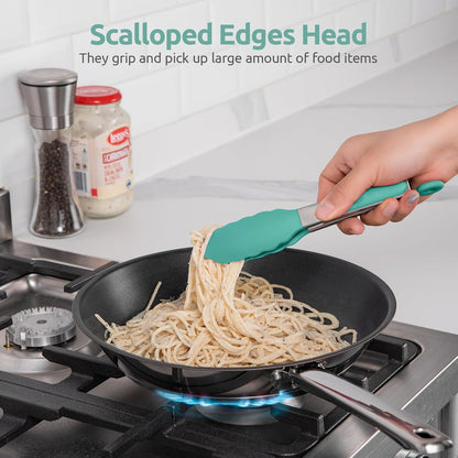 600ºF Heat Resistant Kitchen Tongs: U-Taste 9 inch Silicone Cooking Tong with Firm Sealed Non Stick Rubber Tips & Silicon Coated 18/8 Stainless Steel Handle & Smooth Locking for Serving Salad (Black)