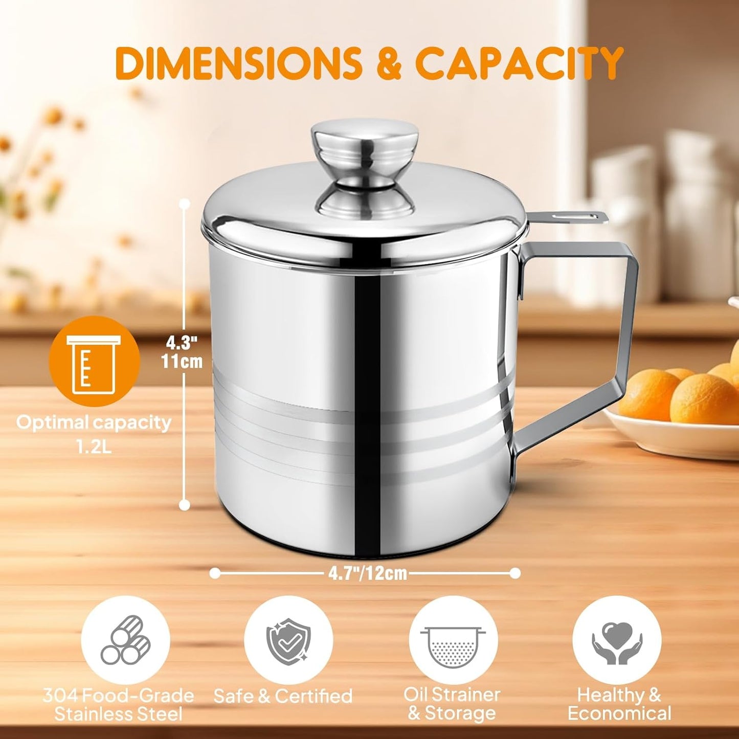 Chihee Grease Container Stainless Steel Bacon Grease Saver with Fine Mesh Strainer 2L / 67.6 fl oz Cooking Oil Keeper Stoarge Can with Dust-proof Lid Non-slip Tray for Kitchen Frying