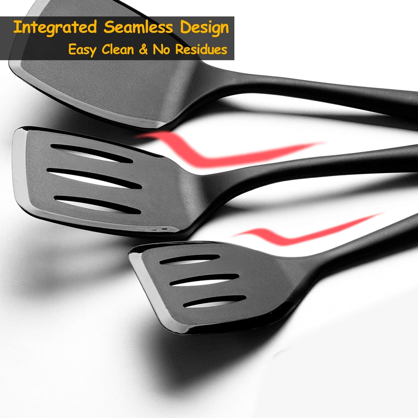 Large Size Silicone Spatula Set, 600°F Heat Resistant Silicone Spatula Turner Flipper for Cooking, Non Stick and Non Scratch Kitchen Utensils for Eggs & Pancakes, 2-Pack, Black