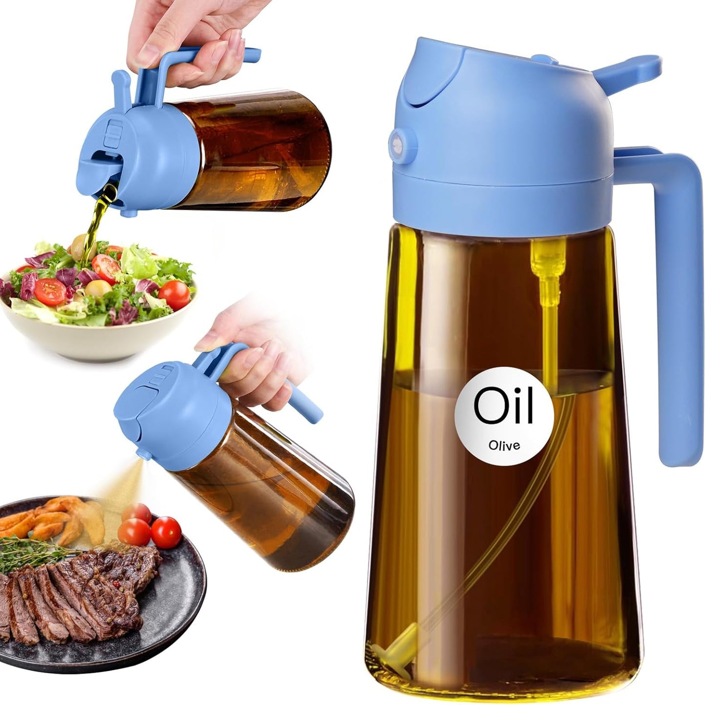 YARRAMATE 16oz/470ml Light Blocking Oil Sprayer for Cooking with Stickers, Food-Grade 2 in 1 Olive Oil Dispenser Bottle for Kitchen, Premium Dark Amber Glass Oil Bottle for Air Fryer, BBQ (Black)