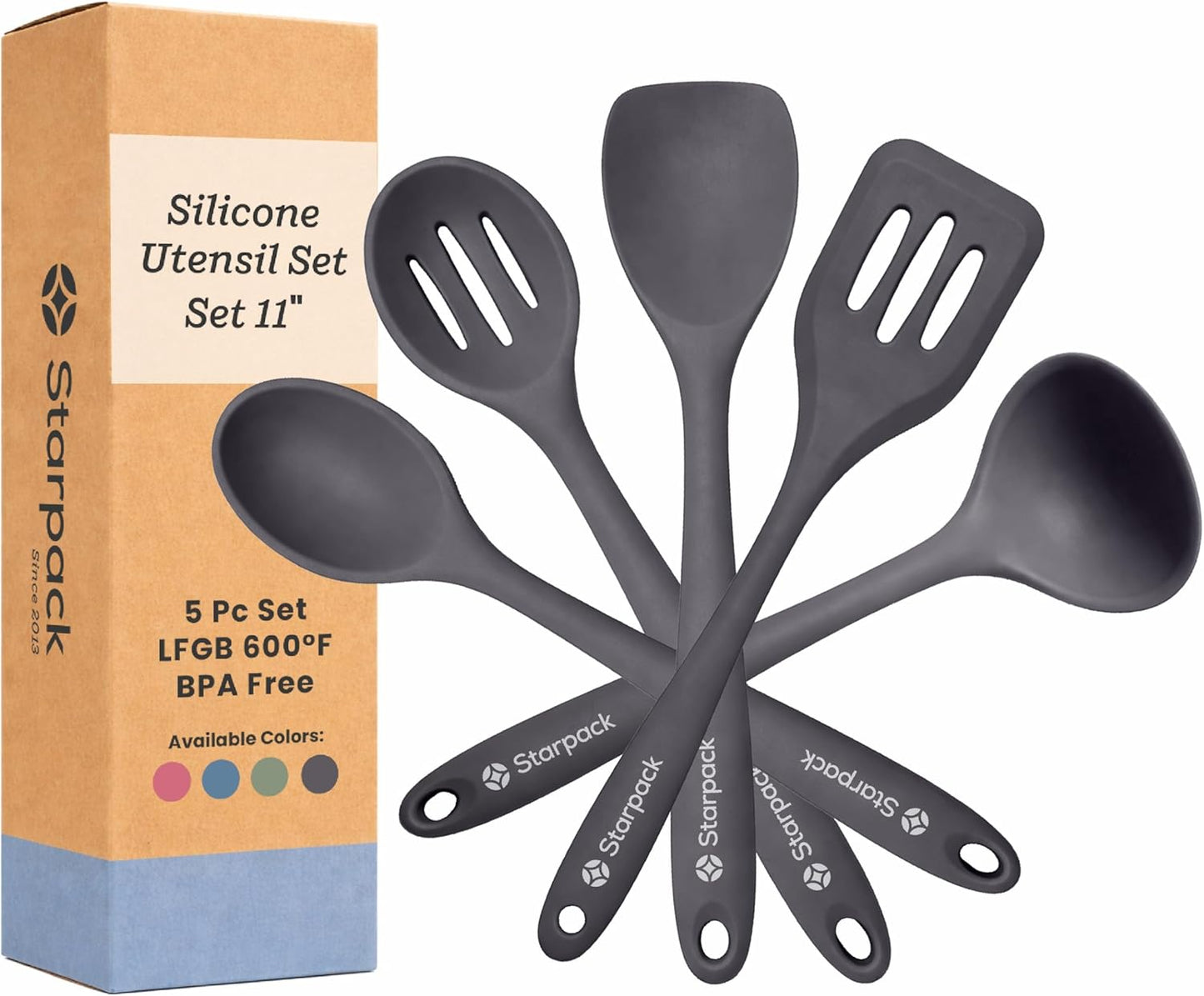 Starpack Stir and Serve Silicone Cooking Utensils Set (5-Piece, 11") - LFGB Non Toxic, 600°F Heat Resistant, BPA-Free - One-Piece Seamless, Dishwasher Safe - for Nonstick Cookware, Earthy Pink