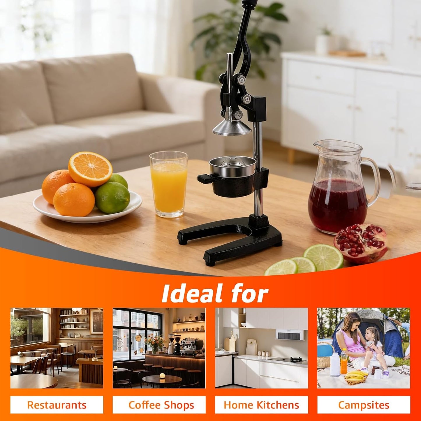 Manual Fruit Juicer Hand Press - Effortless Cast Iron Citrus Squeezer for Home - 304 Stainless Steel, Dishwasher Safe - Extract Fresh Juice from Pomegranate, Orange, Lemon - Non-Slip Base