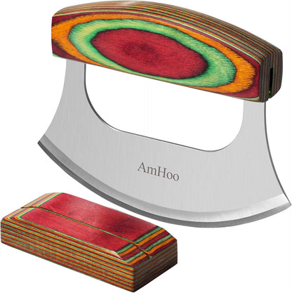 Amhoo Pizza Cutter Chef Mezzaluna Ulu Knife Handle Color Wood Grip Sharp Rocker Slicer Stainless Steel Blade Salad Onion Vegetable Chopper with Holder Base Christmas Gifts