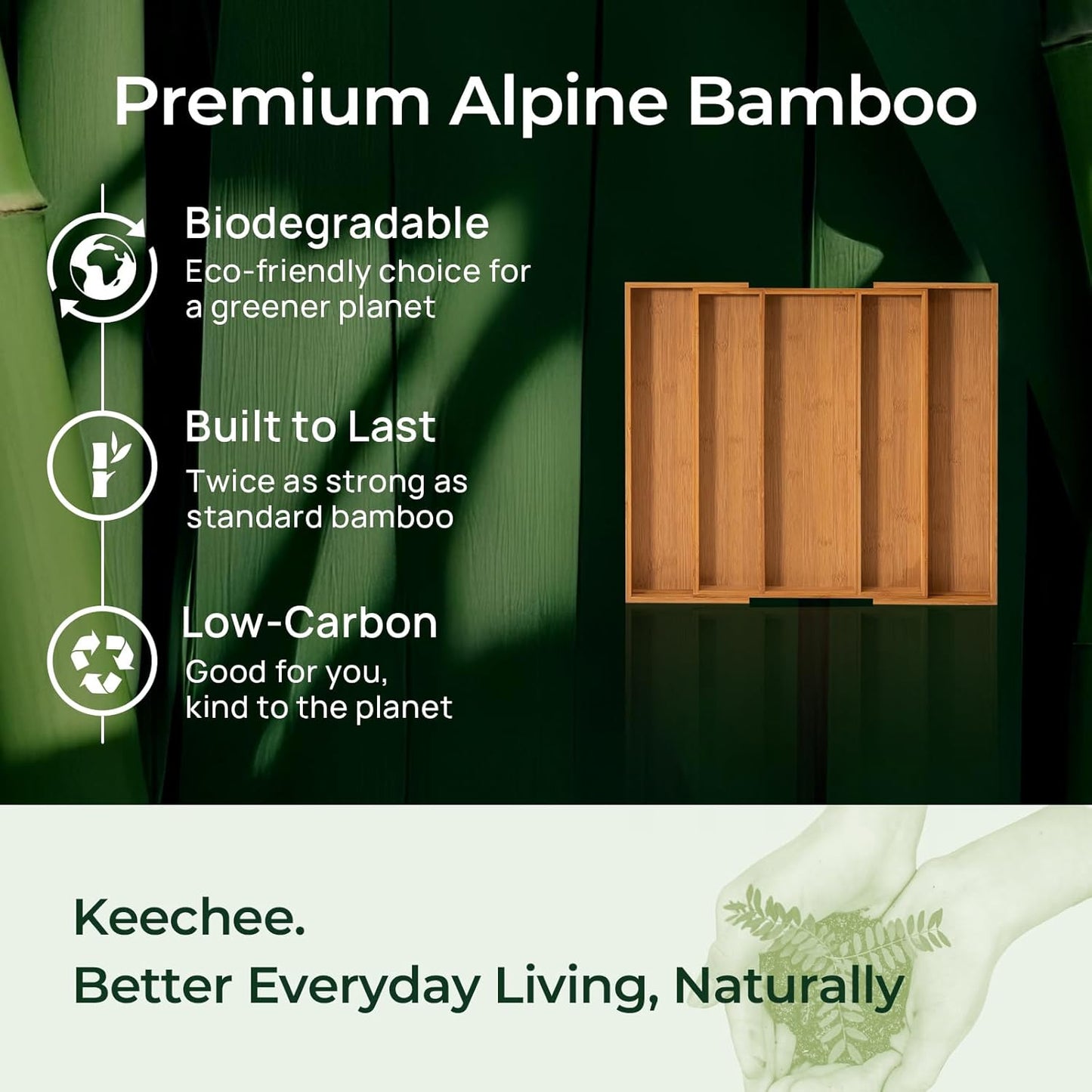 keechee Carbonized Bamboo Kitchen Drawer Organizer, 10 Slots Expandable Silverware Organizer, Utensil Holder & Cutlery Tray, 2.2" Deep for Extra Capacity, Non-Slip Feet Included