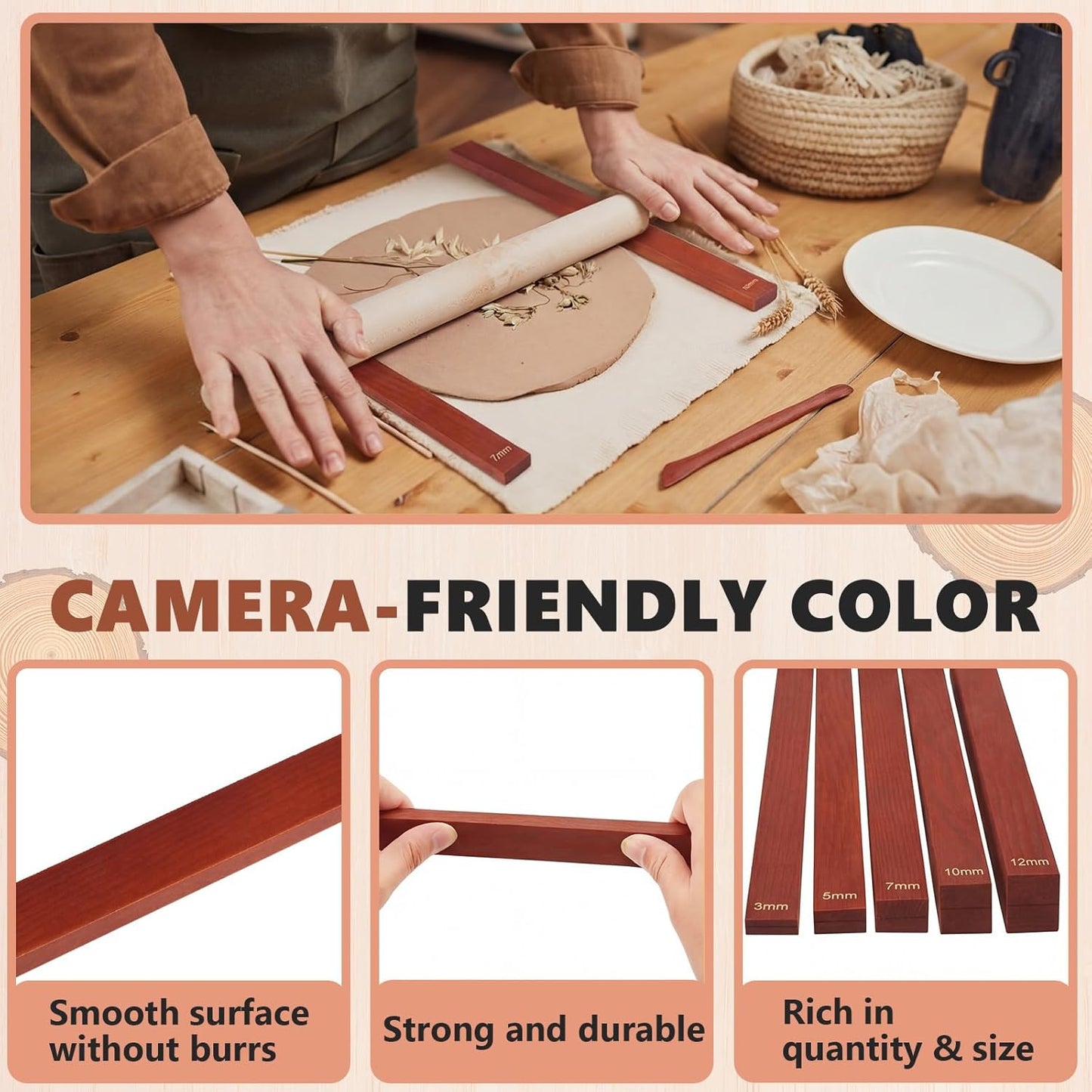 Sasylvia 10 Pcs Pottery Rolling Pin Guides Wood Teaching Rolling Mud Stick Guide Set Polymer Clay Depth Guide Pottery Tools Clay Mudboard Tools (5 Size,Wood Color)