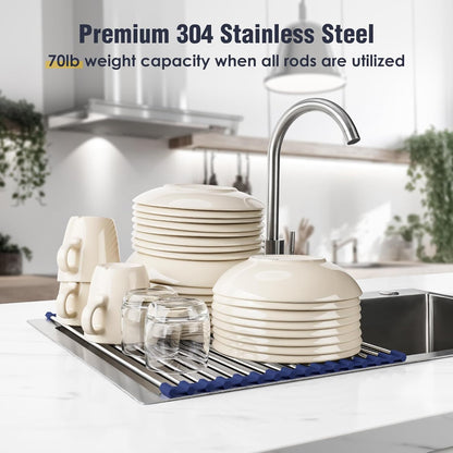 Tomorotec 17.7" x 15.5" Roll Up Dish Drying Rack Over Sink Drying Rack Sink Cover Kitchen Sink Accessories Gadget Multipurpose Organizer Foldable Stainless Steel Drainer