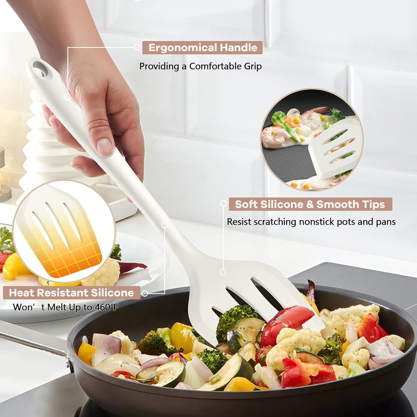 TeamFar Silicone Cooking Utensils, 10 pcs Kitchen Cooking Utensils Set, 446°F Heat Resistant Kitchen Gadgets Tools Set w/Spatula, Turners, Spoons, Soup Ladle, Pasta Server for Nonstick Cookware, Black