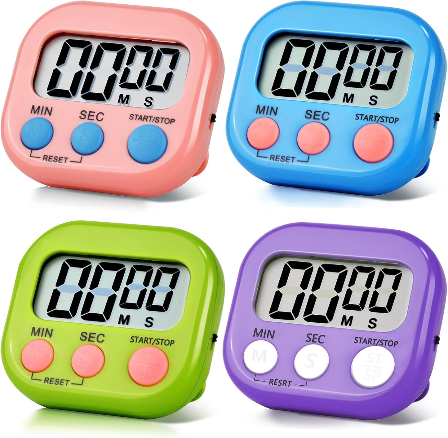 4 Pack Digital Kitchen Timer Magnetic Digital Timer with Big Display Loud Ring Cooking Timers for Cooking, Game, Gym, Break Time, Classroom(4, Pink, Green, Orange, White)