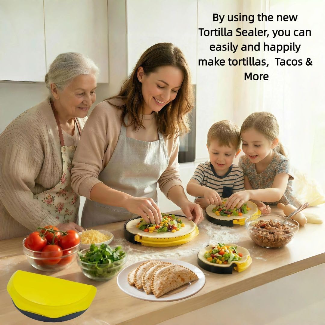 4-in-1 Nesting Tortilla Sealer & Crimper | 4/6/8/10-inch Sizes for Tortilla Wraps, Quesadillas, Burritos, Tacos, Dumplings & More | BPA-Free, Seal, Easy to Store, Dishwasher Safe, Yellow & Black
